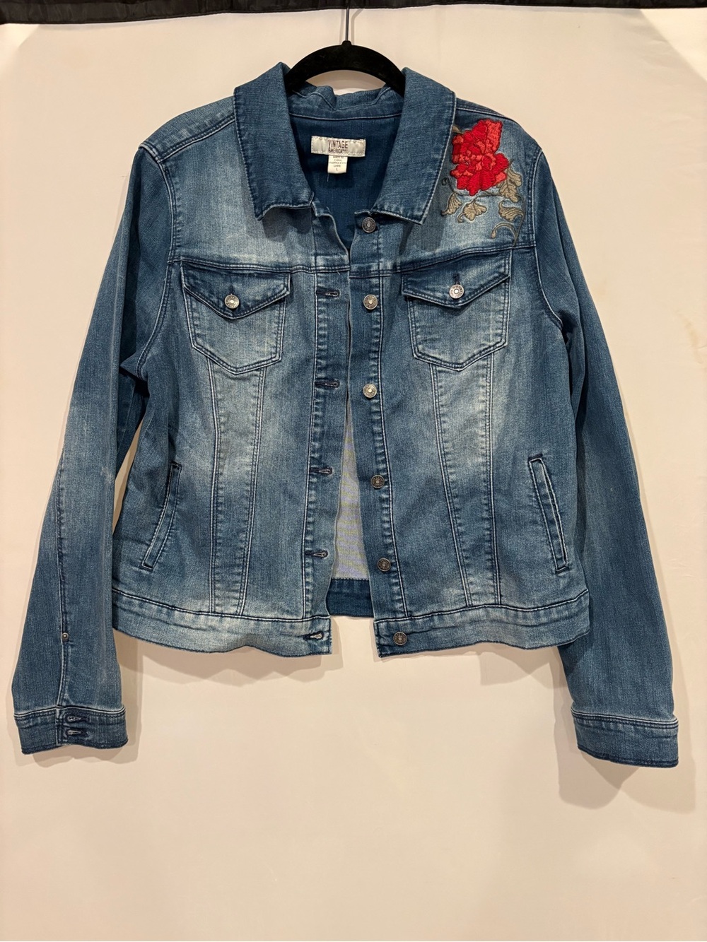Vintage America Blue Denim Jacket with Red Floral Patch